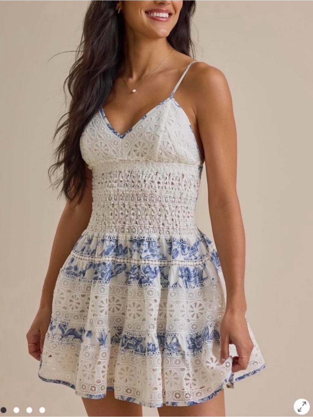 Altar'd State White & Blue Lace Smocked Mini Dress